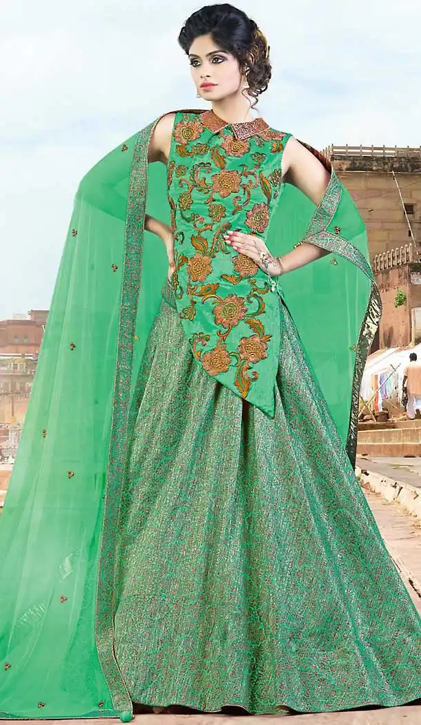 Chrome Green Color Jacquard Silk Circular Style Traditional Wear Lehenga Choli | FH506977281