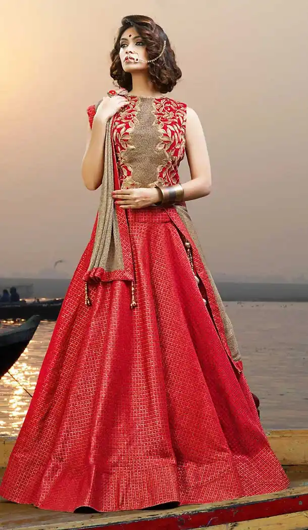 Red Color Jacquard Circular Style Traditional Wear Lehenga Choli | FH506977286