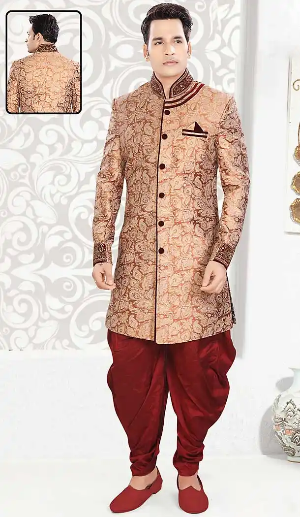 Beige Color Brocade Indo Western Style Mens Wear Suit | FH507277312