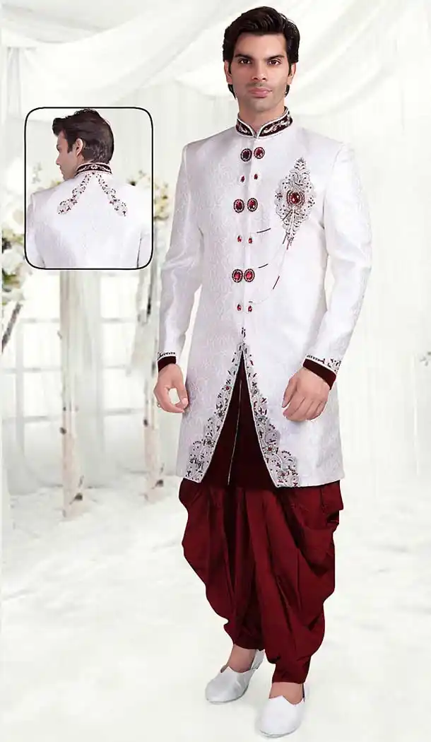 White Color Brocade Indo Western Style Mens Wear Suit | FH507277314