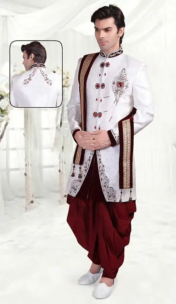 White Color Brocade Indo Western Style Mens Wear Suit | FH507277315