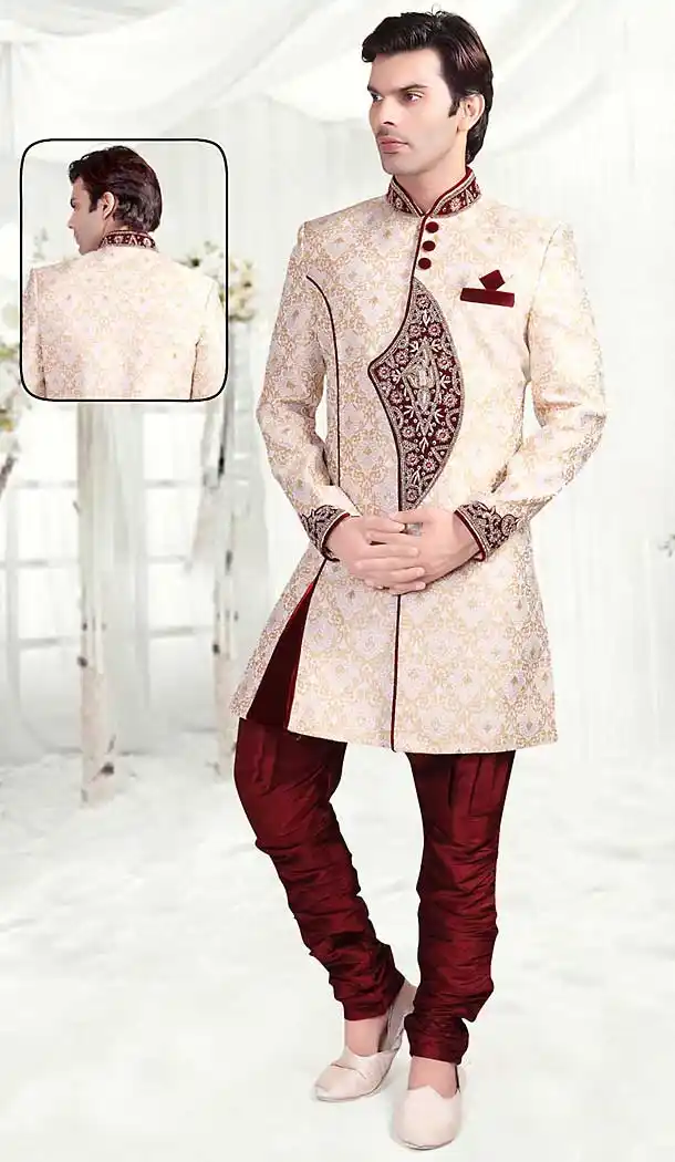 White Color Brocade Indo Western Style Mens Wear Suit | FH507277316