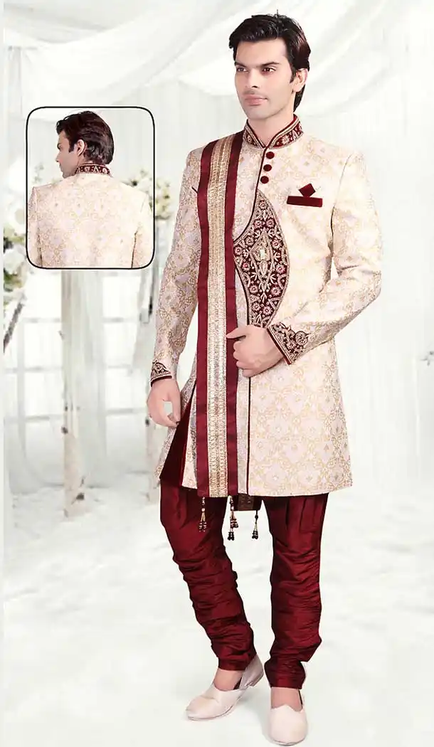 Beige Color Brocade Indo Western Style Mens Wear Suit | FH507277317