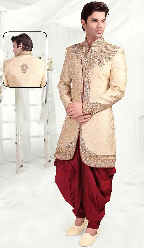Beige Color Brocade Indo Western Style Mens Wear Suit | FH507277319