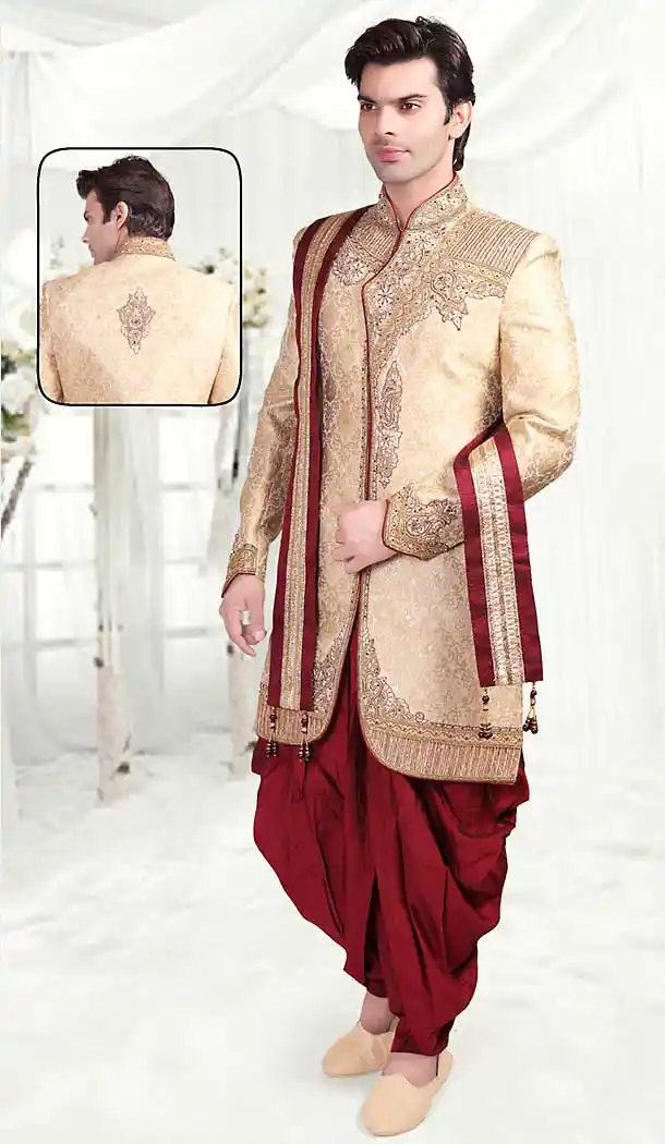 Beige Color Brocade Indo Western Style Mens Wear Suit | FH507277320