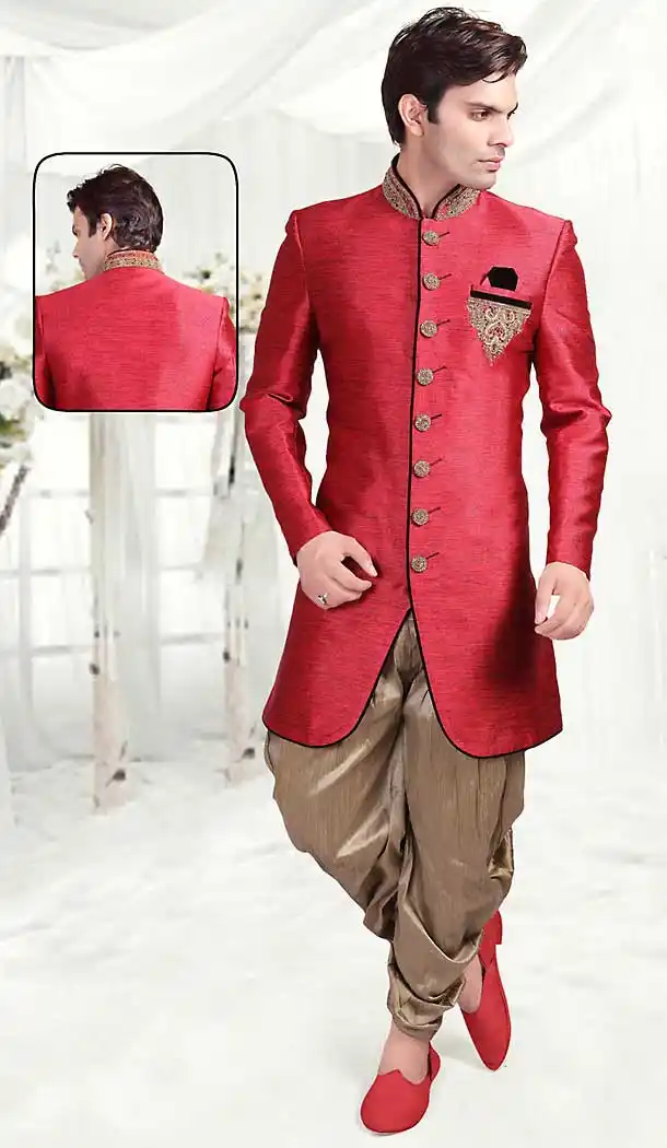 Salmon Color Brocade Indo Western Style Mens Wear Suit | FH507277321