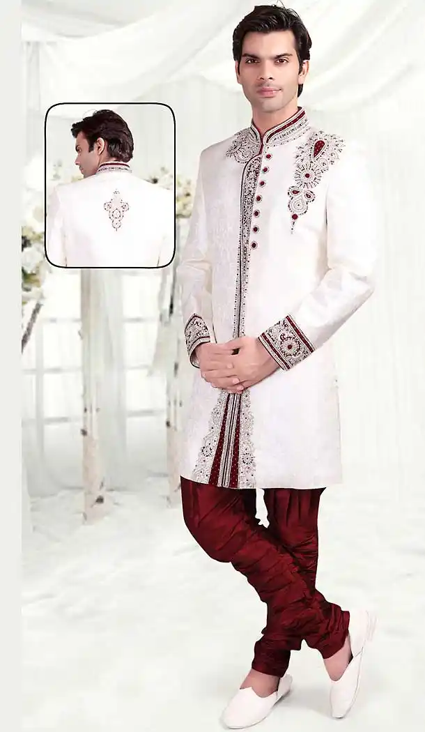 White Color Brocade Indo Western Style Mens Wear Suit | FH507277323