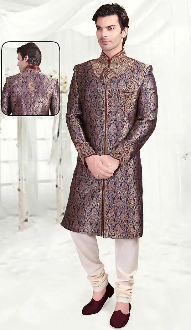 Cream Color Chanderi Silk Sherwani Style Mens Wear Suit | FH507277326