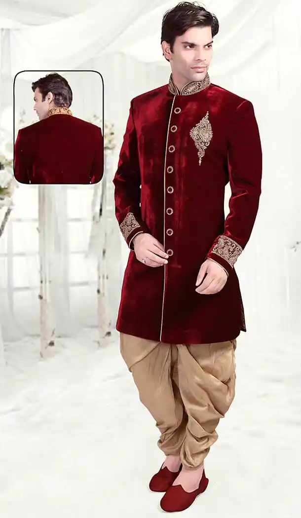 Maroon Color Velvet Indo Western Style Outfits for Mens | FH507377328