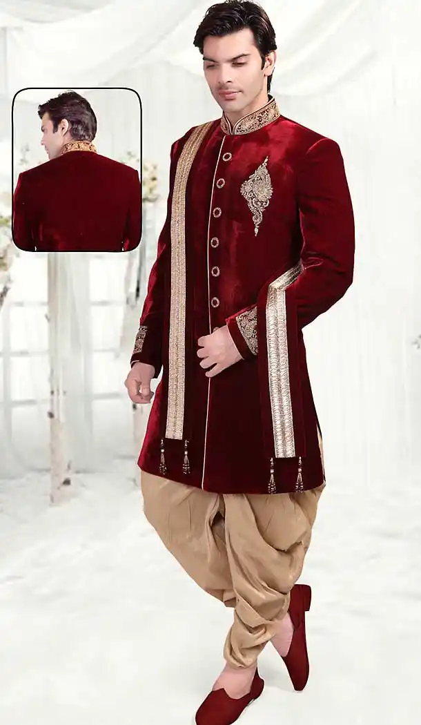 Maroon Color Velvet Indo Western Style Outfits for Mens | FH507377329