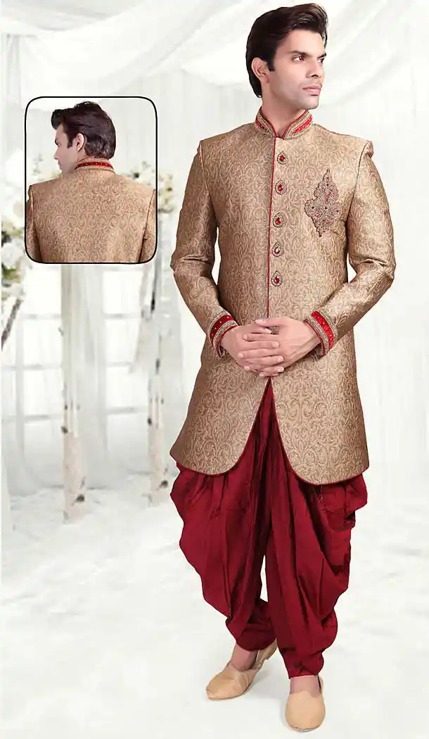 Beige Color Brocade Indo Western Style Outfits for Mens | FH507377330