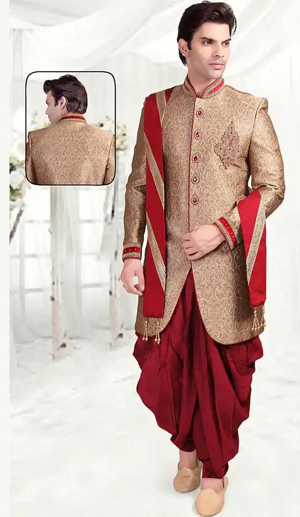 Beige Color Brocade Indo Western Style Outfits for Mens | FH507377331