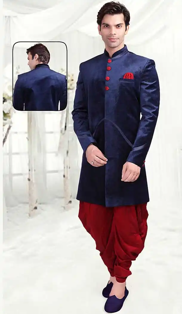 Navy Blue Color Velvet Indo Western Style Outfits for Mens | FH507377332