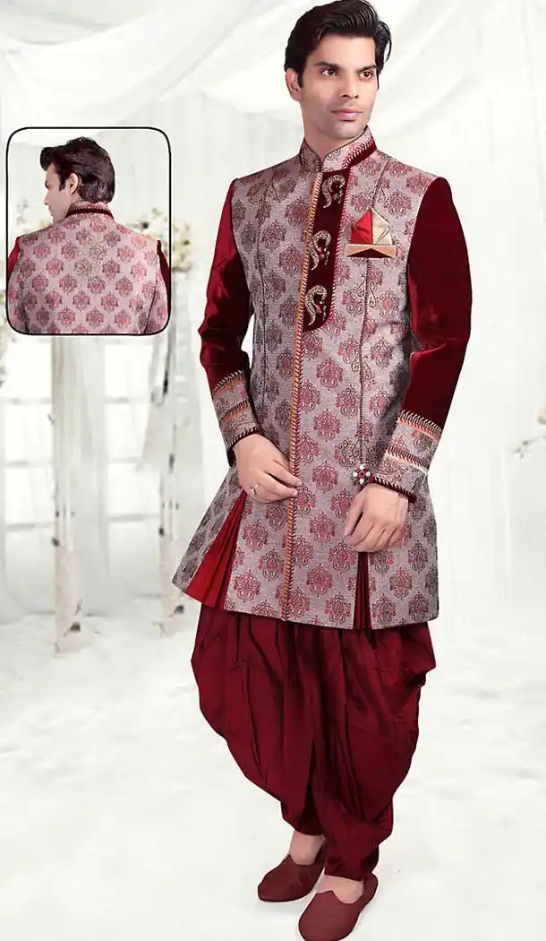 Maroon Color Brocade Indo Western Style Outfits for Mens | FH507377334