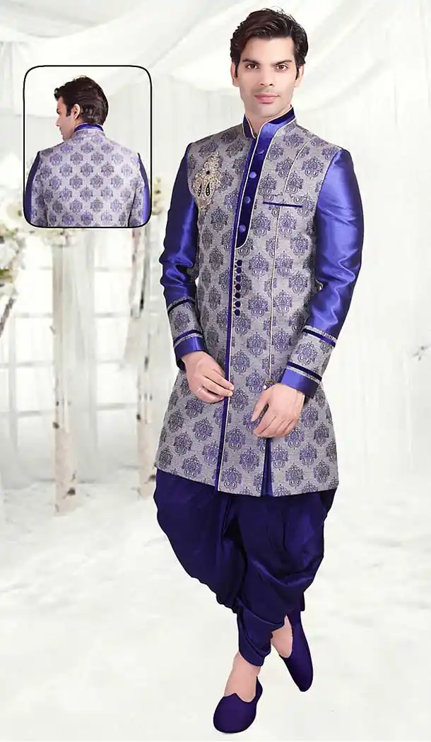 Navy Blue Color Brocade Indo Western Style Outfits for Mens | FH507377335