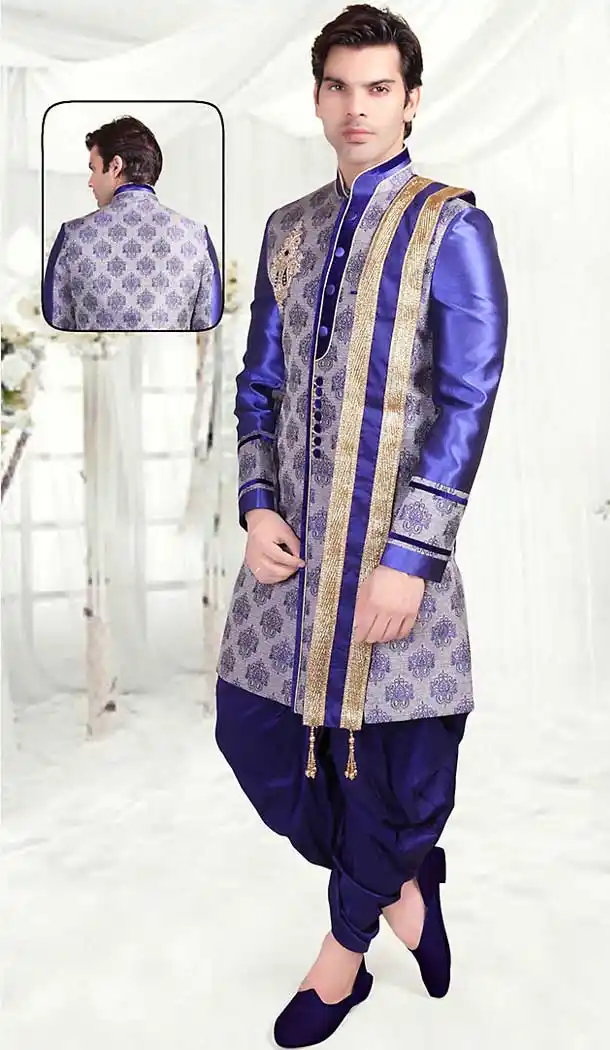 Blue Color Brocade Indo Western Style Outfits for Mens | FH507377336
