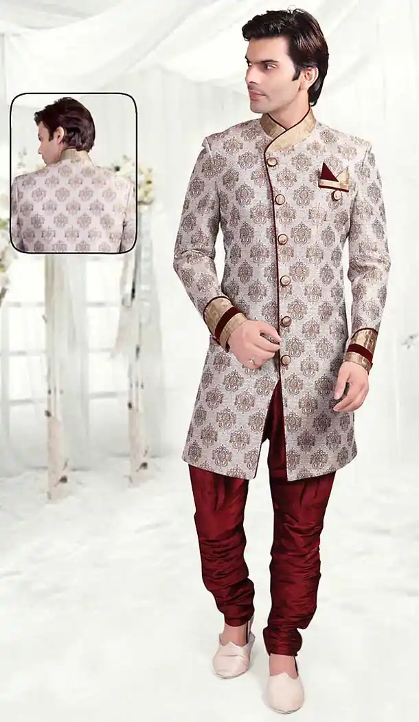 Grey Color Brocade Indo Western Style Outfits for Mens | FH507377337