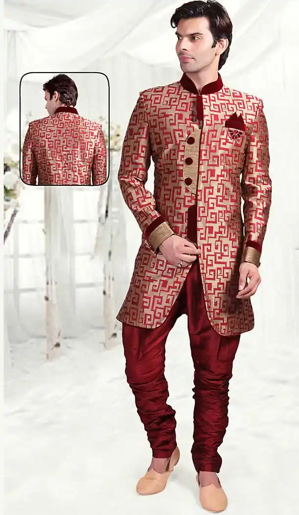 Maroon Color Brocade Indo Western Style Outfits for Mens | FH507377339