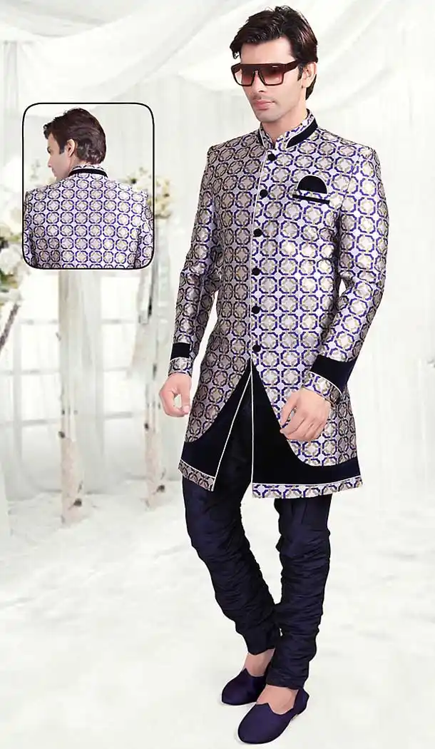 Silver Color Brocade Indo Western Style Outfits for Mens | FH507377340