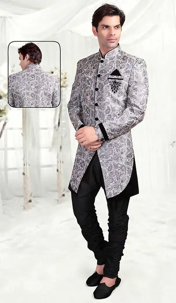 Grey Color Brocade Indo Western Style Outfits for Mens | FH507377344