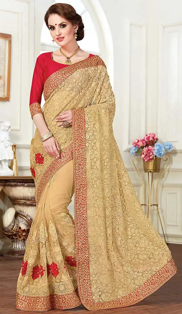 French Beige Color Net Traditional Saree Blouse | FH507577354