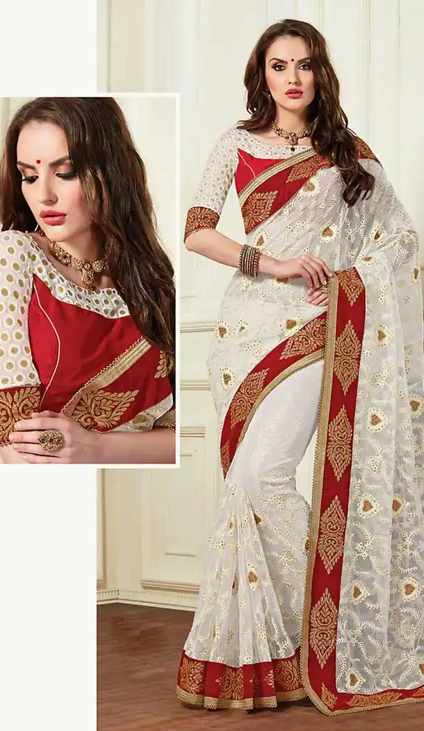 White Color Net Traditional Saree Blouse | FH507577357