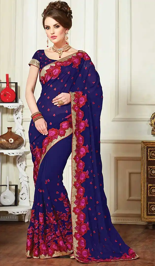 Deep Blue Color Georgette Traditional Saree Blouse | FH507577359