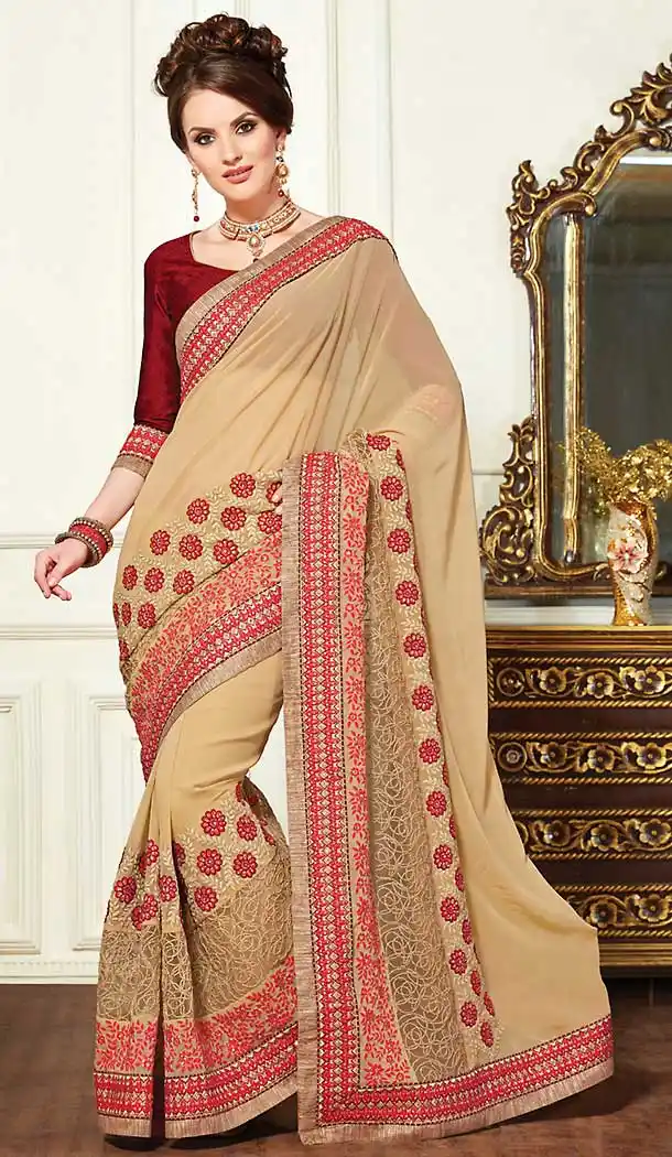 Tan Brown Color Georgette Traditional Saree Blouse | FH507577360