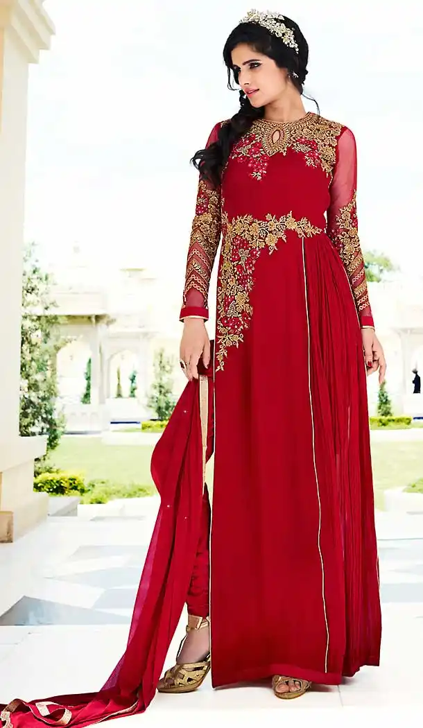 Red Color Georgette Straight Cut Style Party Salwar Kameez | FH508177407