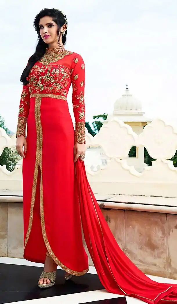 Red Color Georgette Achkan Style Party Salwar Kameez | FH508177410