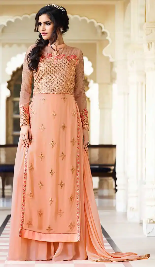 Apricot Color Georgette Straight Cut Style Party Salwar Kameez | FH508177413