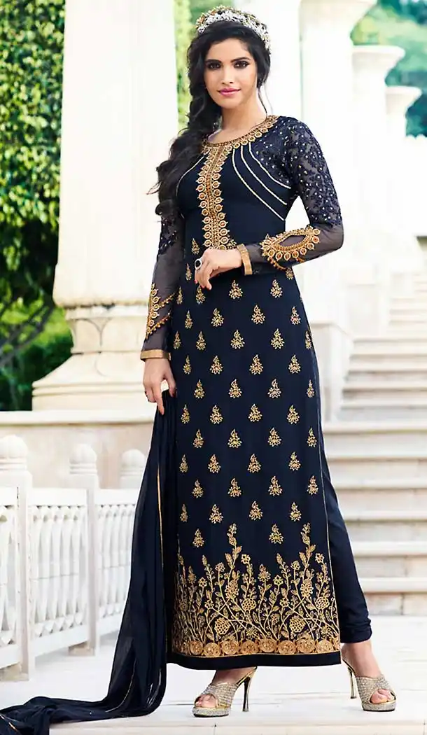 Navy Blue Color Georgette Straight Cut Style Party Salwar Kameez | FH508177414