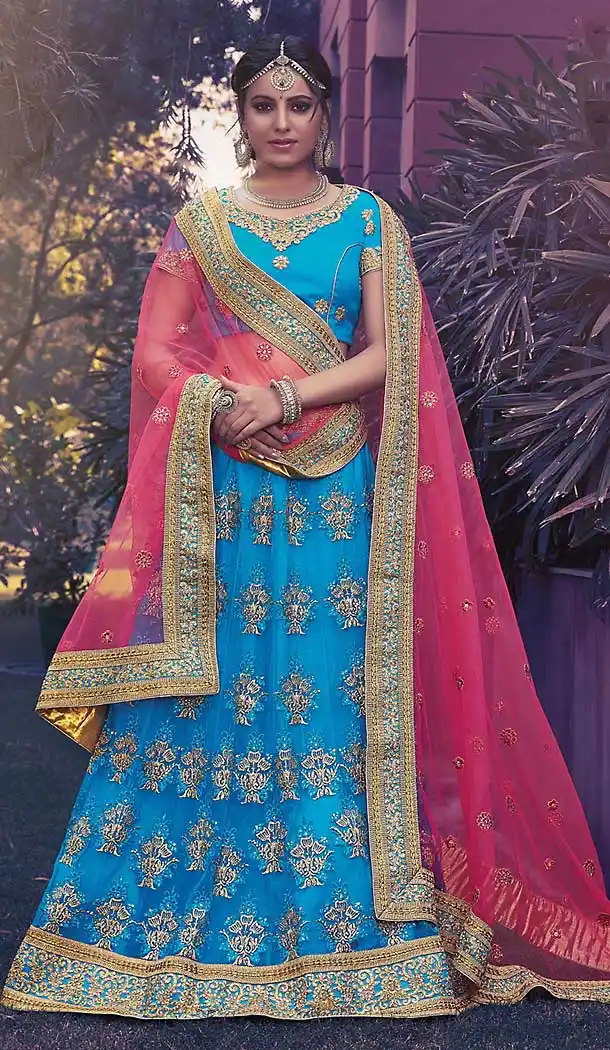 Sky Blue Color Net Circular Style Wedding Lehenga Choli | FH508277417