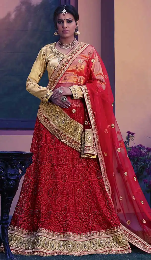 Red Color Net Circular Style Wedding Lehenga Choli | FH508277425