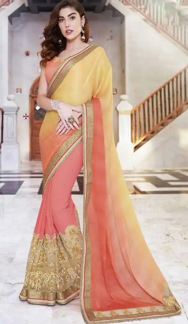 Salmon Color Georgette Party Wear Saree with Stitched Blouse | FH508377433