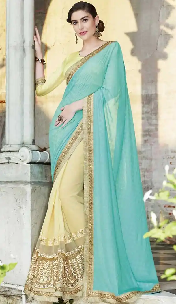 Beige Color Georgette Party Wear Saree with Stitched Blouse | FH508377434
