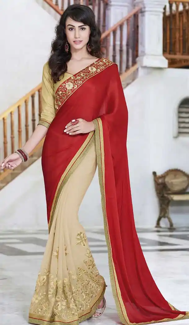 Red Color Georgette Party Wear Saree with Stitched Blouse | FH508377435