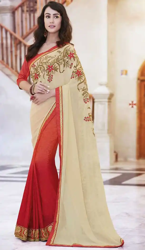 Beige Color Georgette Party Wear Saree with Stitched Blouse | FH508377437