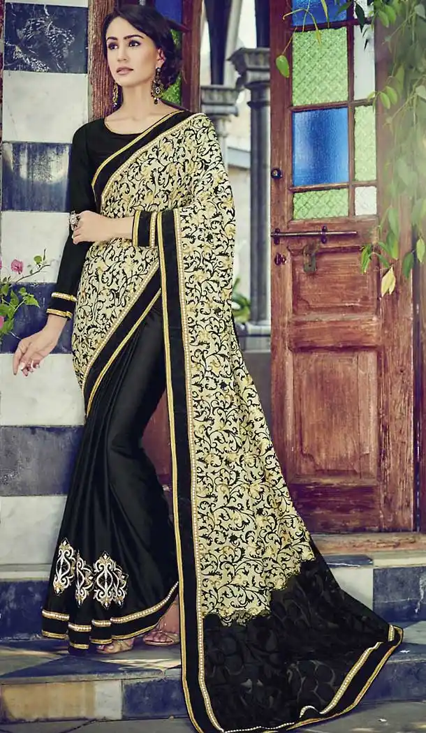 Black Color Georgette Party Wear Saree with Stitched Blouse | FH508377440