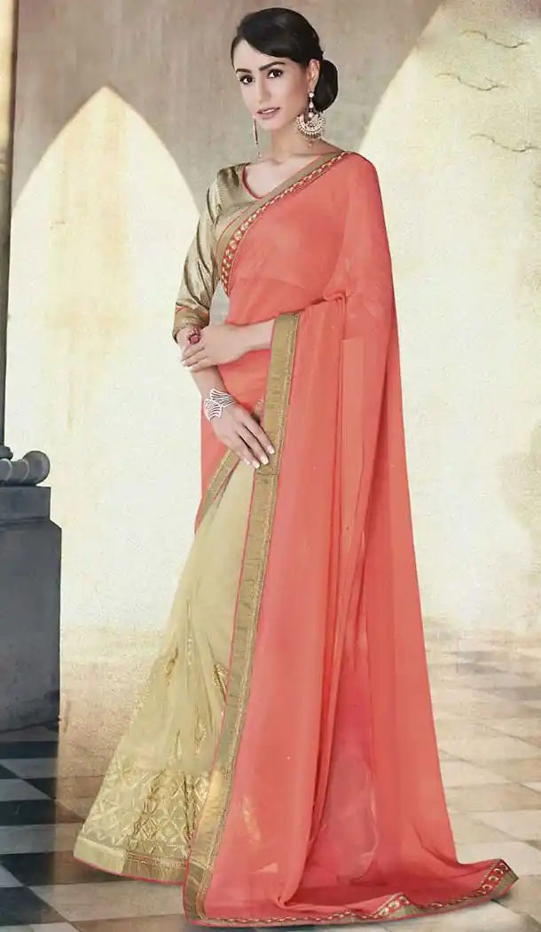 Salmon Color Georgette Party Wear Saree with Stitched Blouse | FH508377441