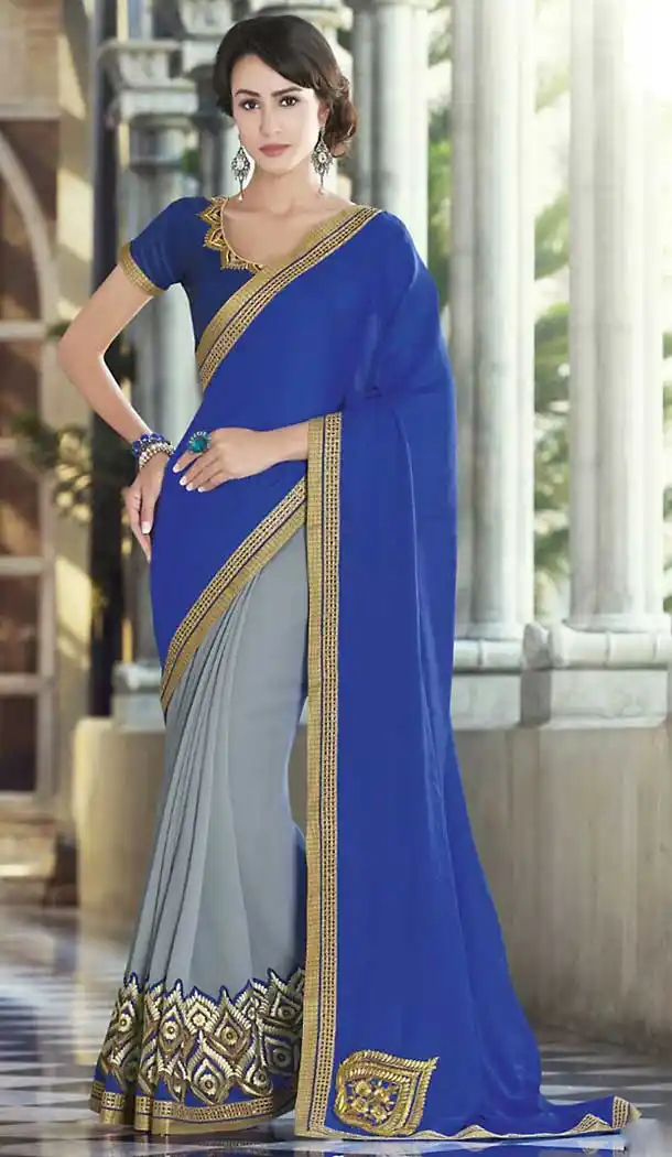 Navy Blue Color Georgette Party Wear Saree with Stitched Blouse | FH508377442
