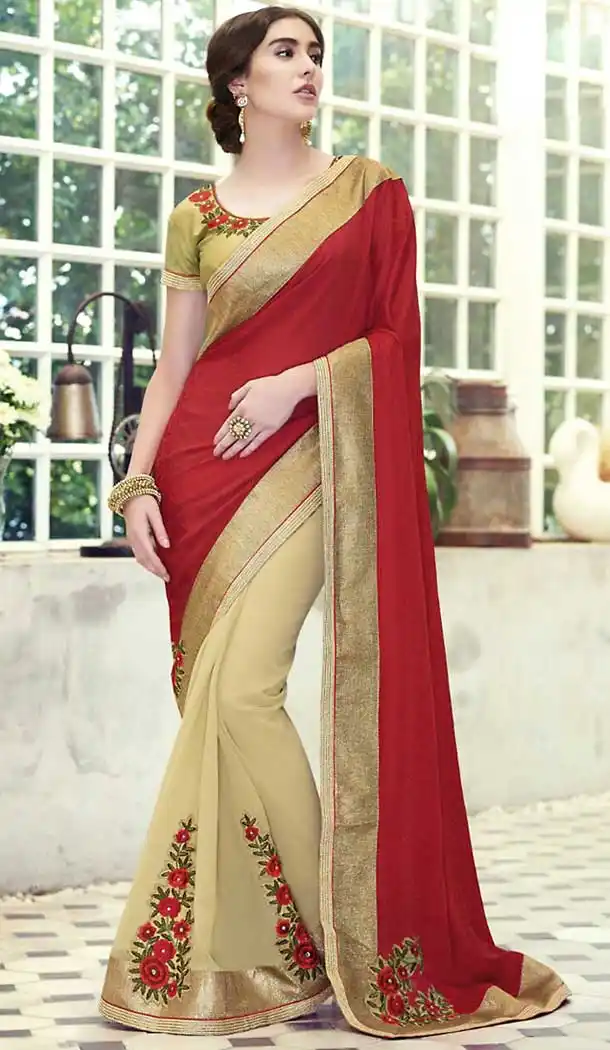 Red Color Georgette Party Wear Saree with Stitched Blouse | FH508377444