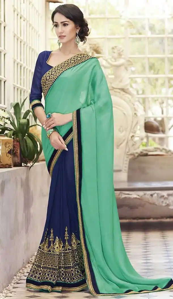 Greenish Blue Color Georgette Party Wear Saree with Stitched Blouse | FH508377445