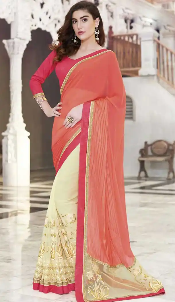Orange Color Georgette Party Wear Saree with Stitched Blouse | FH508377446