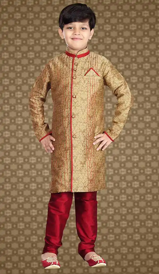 Beige Color Ghicha Silk Readymade Boys Chudidar Kurta | FH508477448