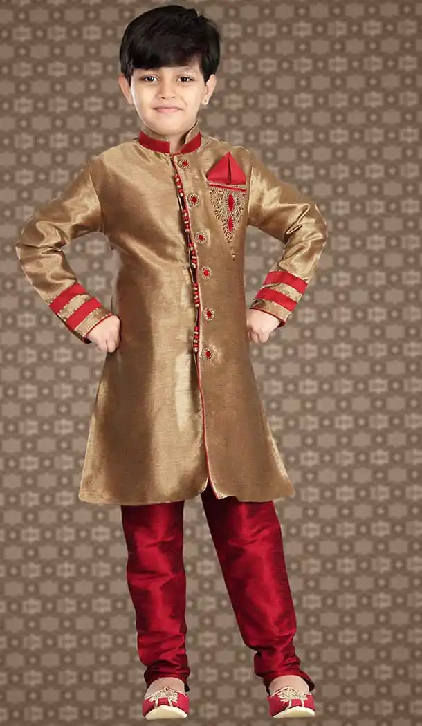 French Beige Color Ghicha Silk Readymade Boys Churidar Kurta | FH508477450