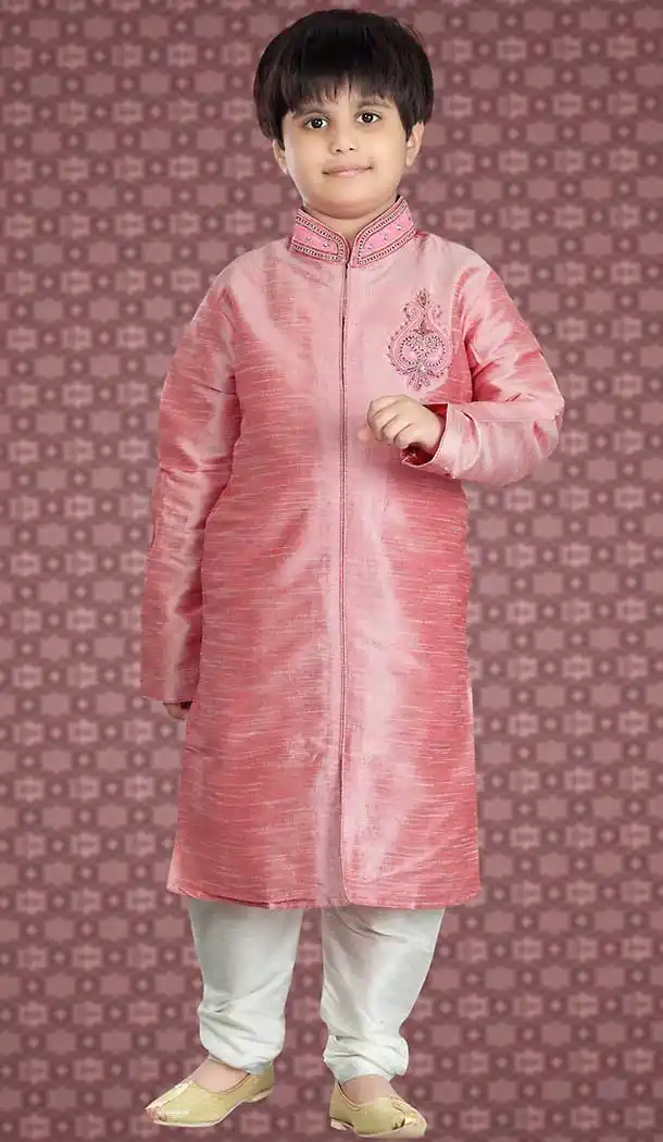 Salmon Color Art Silk Readymade Boys Churidar Kurta | FH508477452