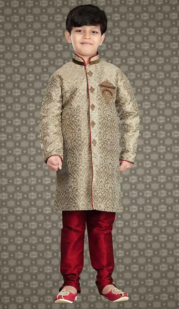 Beige Color Jacquard Readymade Boys Churidar Kurta | FH508477453