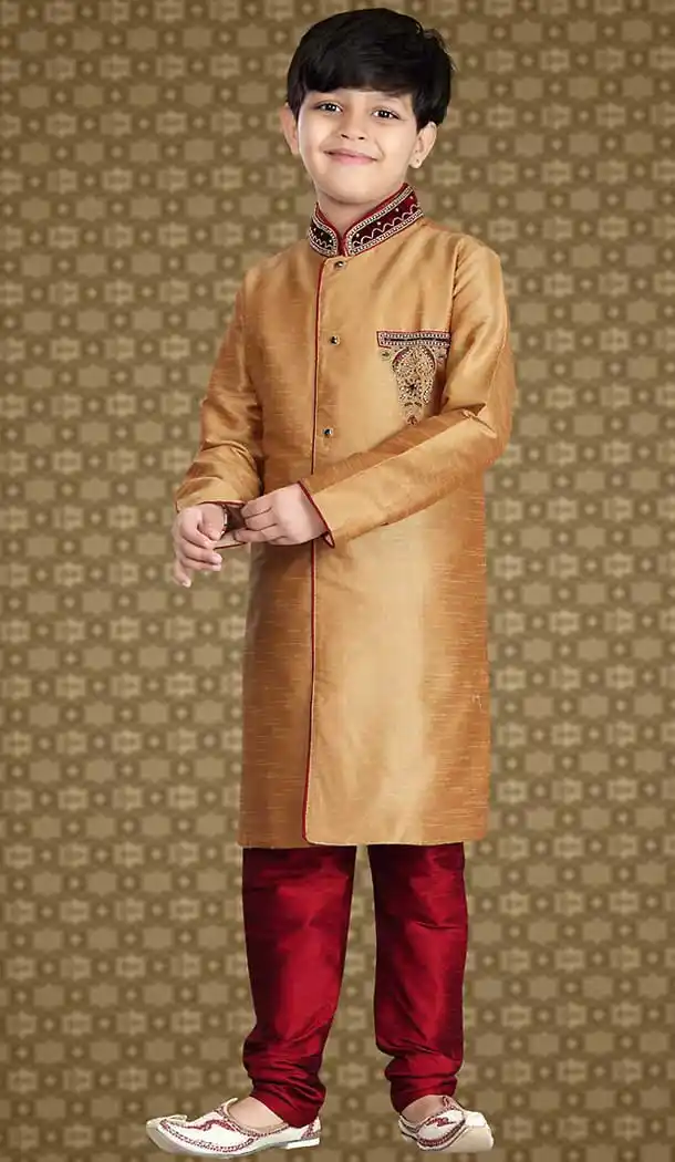 Tan Brown Color Art Silk Readymade Boys Churidar Kurta | FH508477454