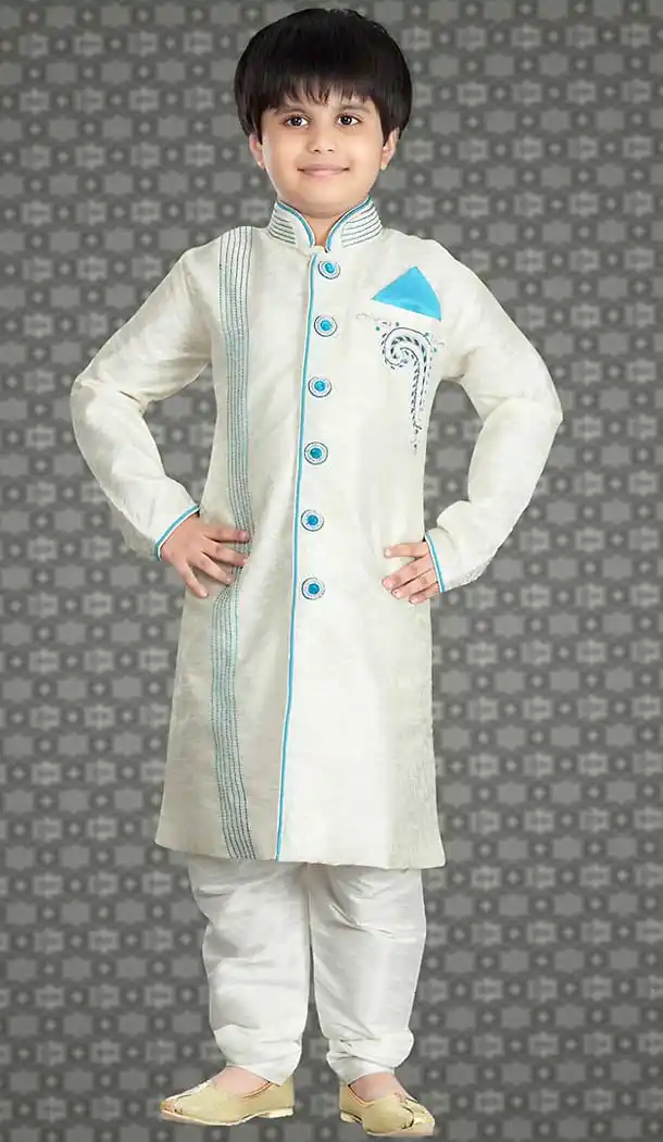 Off White Color Jacquard Readymade Boys Churidar Kurta | FH508477455